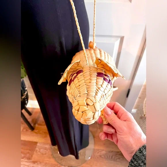 Woven Pig-Shaped Crossbody Bag - Picture 6 of 7